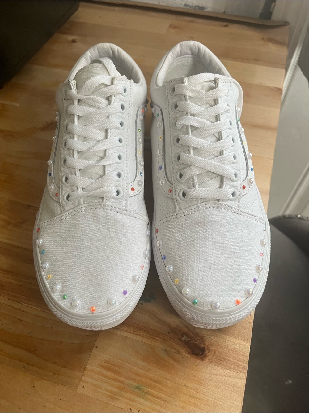 Custom Vans White Canvas Sneakers with Multicolor Stud Accents